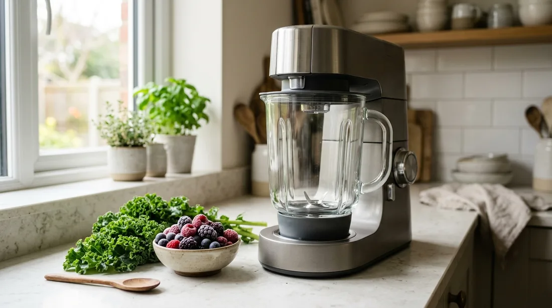 Standmixer mit Glasbehälter auf einer hellen Küchenarbeitsplatte, daneben gefrorene Beeren und Grünkohl