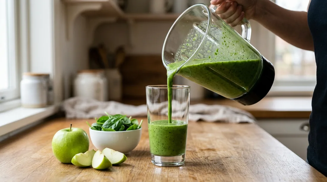 Grüner Smoothie wird aus dem Mixbehälter in ein Glas gegossen, Spinat und Apfel daneben