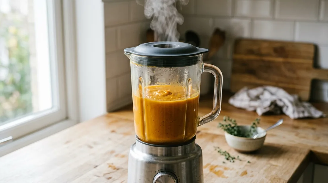 Dampfende pürierte Suppe im Mixbehälter, Deckel mit offener Einfüllöffnung